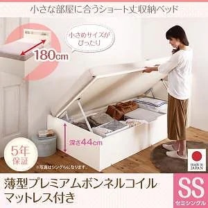 小さな部屋に合う ショート丈 収納ベッド [Odette]オデット [薄型プレミアムボンネルコイルマットレス付き] セミシングル 深さグランド