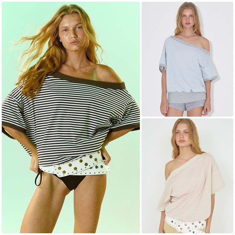 【POLYSOOEM】 STRIPE ONE-SHOULDER TEE : 3COLORS