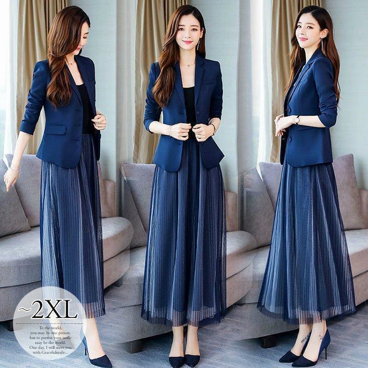 ワンピーススーツアンサンブルロング丈ジャケットキャミワンピプリーツきれいめネイビーブラックモダンオシャレ可愛い[eia03]