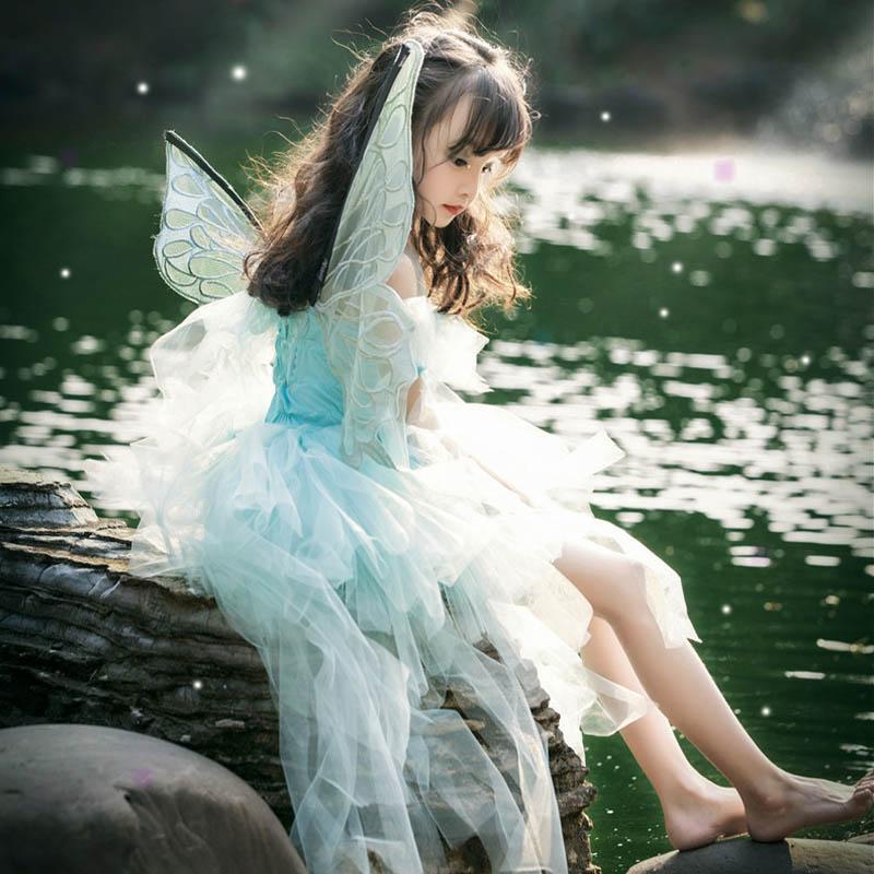 ハロウィン 衣装 子供用 水色 ドレス 羽根付き ハロウィン 子供 仮装 エルフ 妖精 ハロウィン コスプレ ドレス 子供 女の子 かわいい コスプレ コスチューム ハロウィン コスプレ衣装 変装 子
