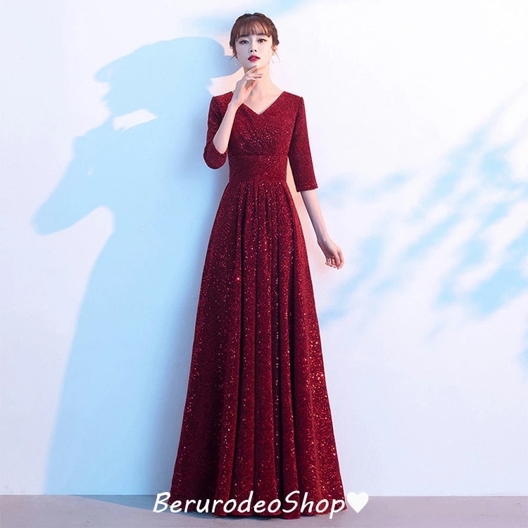 演奏会ドレス ロングドレス ワイン赤 ネイビー イブニングドレス スパンコール キラキラドレス ワインレッド 紺色 発表会ドレス パーティードレス 二次会ドレス お呼ばれドレス Vネック 7分袖 30