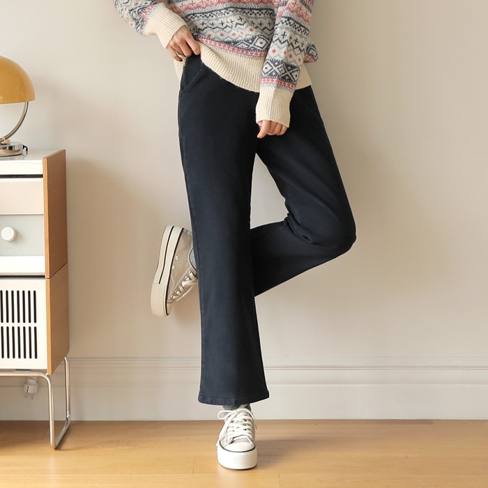 [韓国ファッション] 裏起毛 後ろウエストゴム ブーツカット ストレッチコットンパンツ