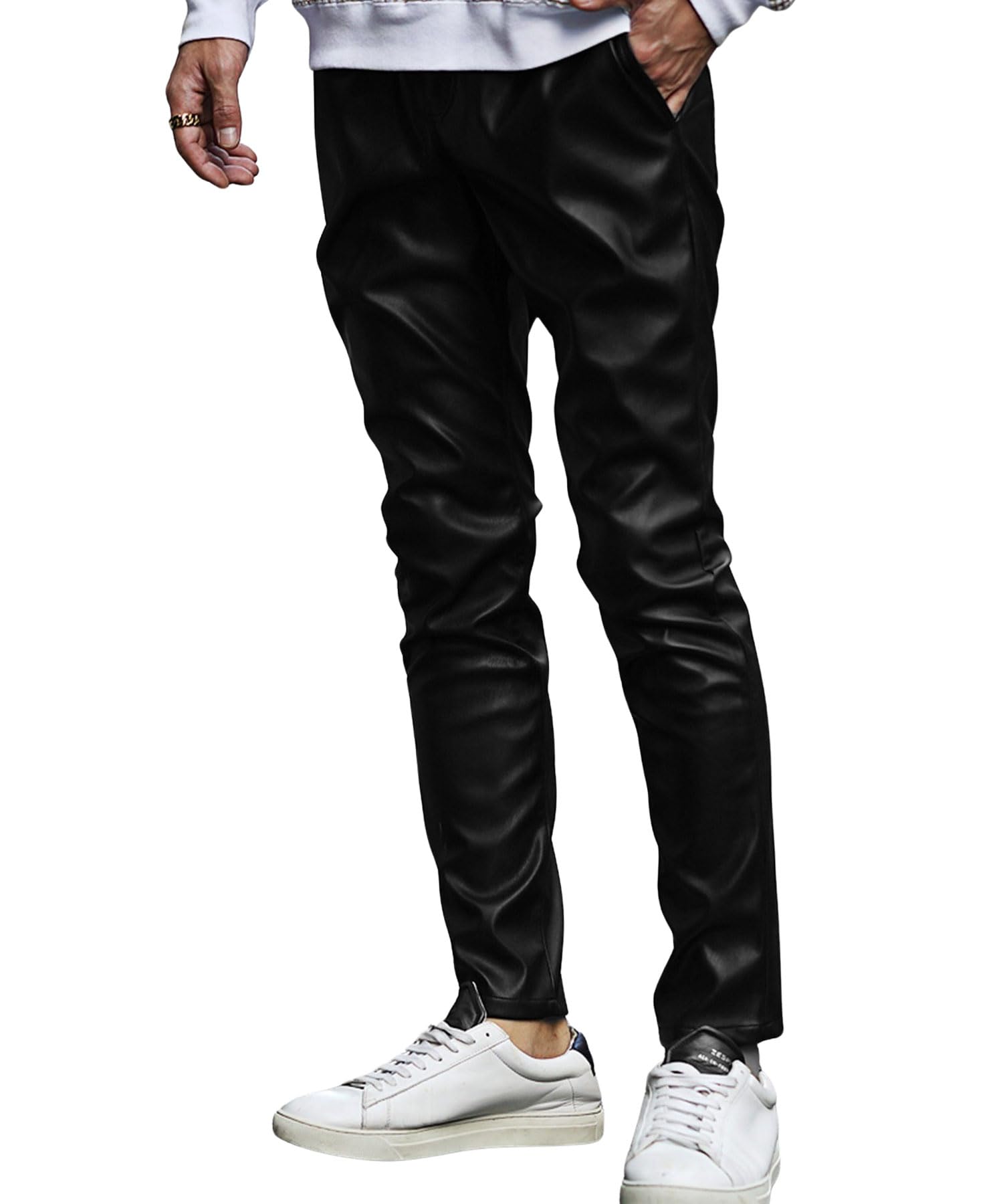 PUレザーパンツ ジョガーパンツ テーパードパンツ メンズ 細身 ストレッチ スキニー タイト ウエストゴム フェイクレザーパンツ ブラック 黒 細身 無地 秋 秋冬 冬 joker ジョーカー L