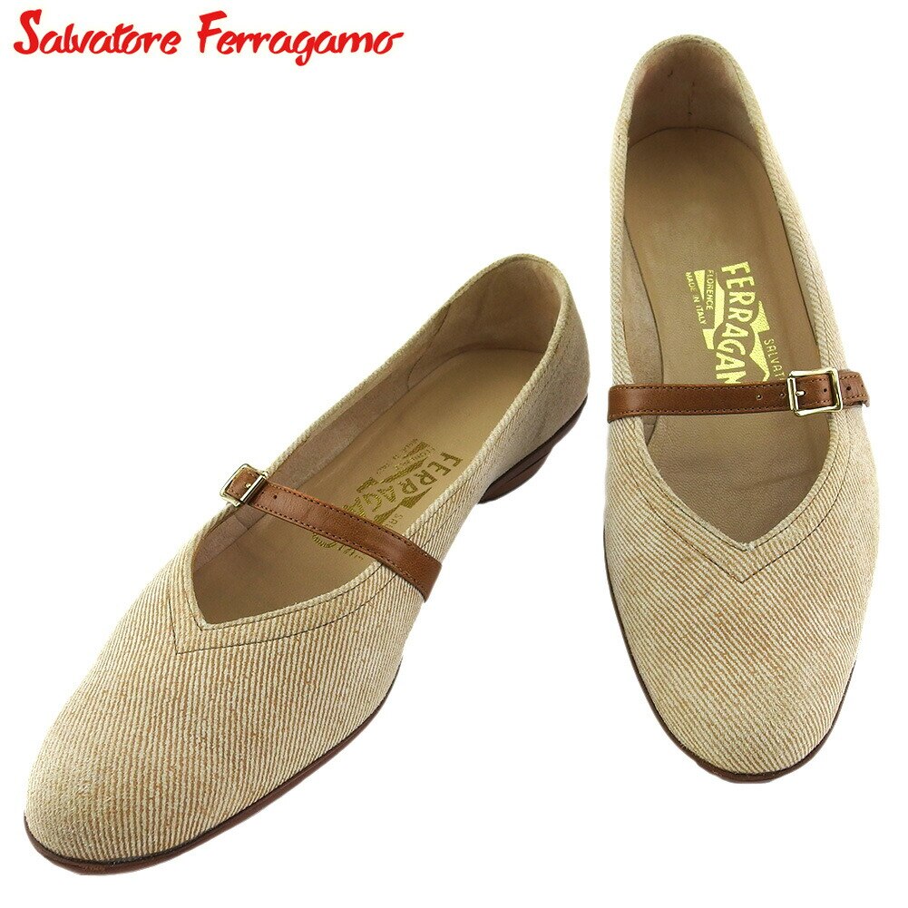 パンプス シューズ 靴 ベルト レディース 4ハーフC フラット ベージュ ブラウン ゴールド 中古