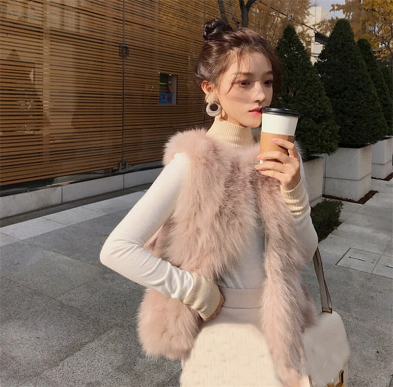 高見え効果レディース人気ゆったりもこもこシンプル無地ファーベスト韓国ファッション