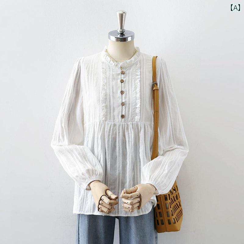 レディース シャツ オーバーブラウス 長袖 春秋 白 フリル 立ち襟 レースタッチ プルオーバー ランタンスリーブ ナチュラル素材 フェミニン シフォン 若見え 大人かわいい 上品