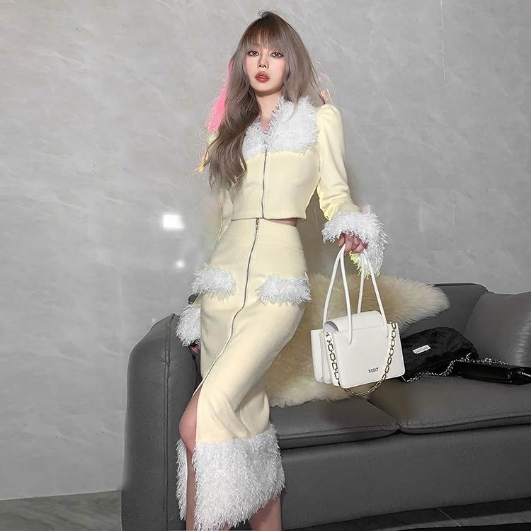 希少アイテムセットアップ ジャケット スカート 上下セット かっこいい セクシー ハイウエスト ミモレ丈 タイトスカート フロントジップ スリット ショート丈トップス 長袖 バイカラー シャギーファー