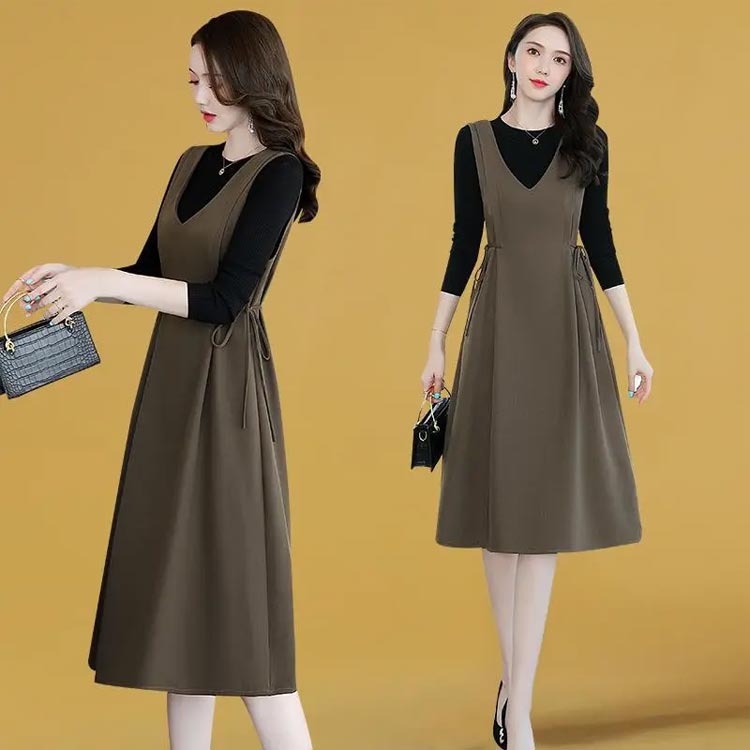 ワンピースジャンパースカートVネックレディース4050Aラインフレアワンピースタック入りリボン付きレイヤード重ね着膝丈ロング丈セレモニーフォーマル大人ママ母おしゃれ春秋冬