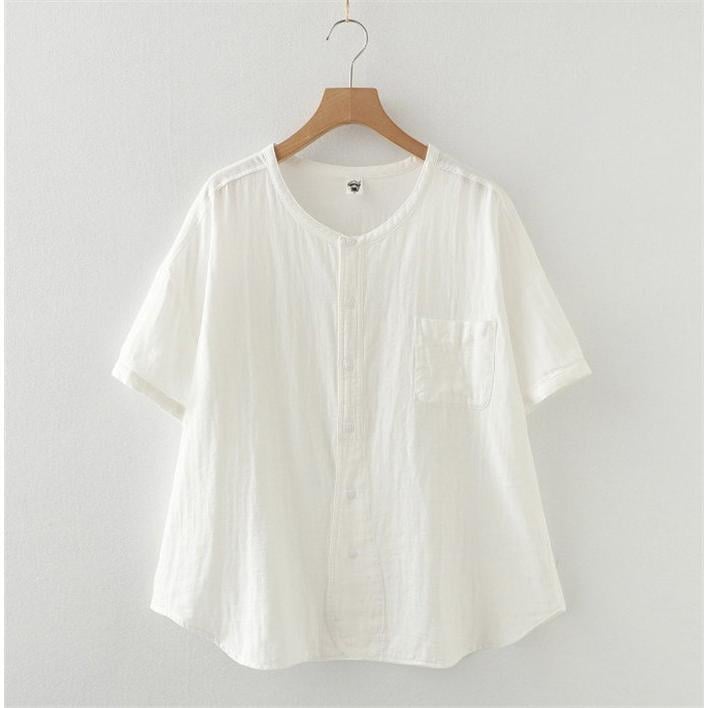 シャツ レディース 夏 半袖 ガーゼシャツ ブラウス レディース ホワイト シャツブラウス コットン 綿 通気性 シンプル 折り襟 大きいサイズ 着心地 体型カバー