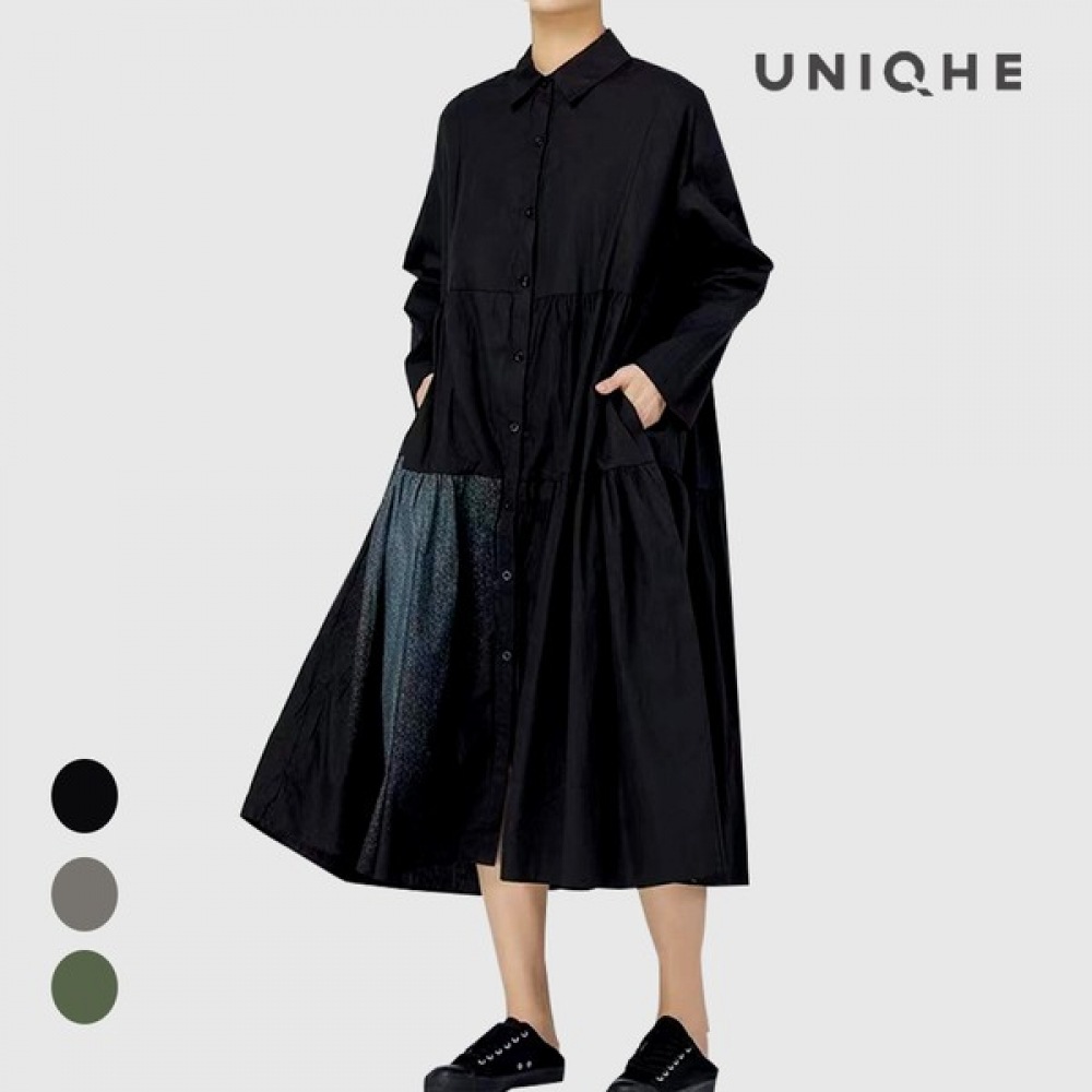 (UNIKE) フリルプリントシャツ型ロングワンピース 9,562円