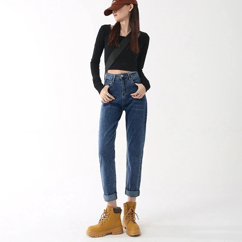 ブルー タイト 秋冬 デニムボトムス ゆったり ハーレムパンツ 厚手 着痩せ ハイウェスト 鉛筆ズボン