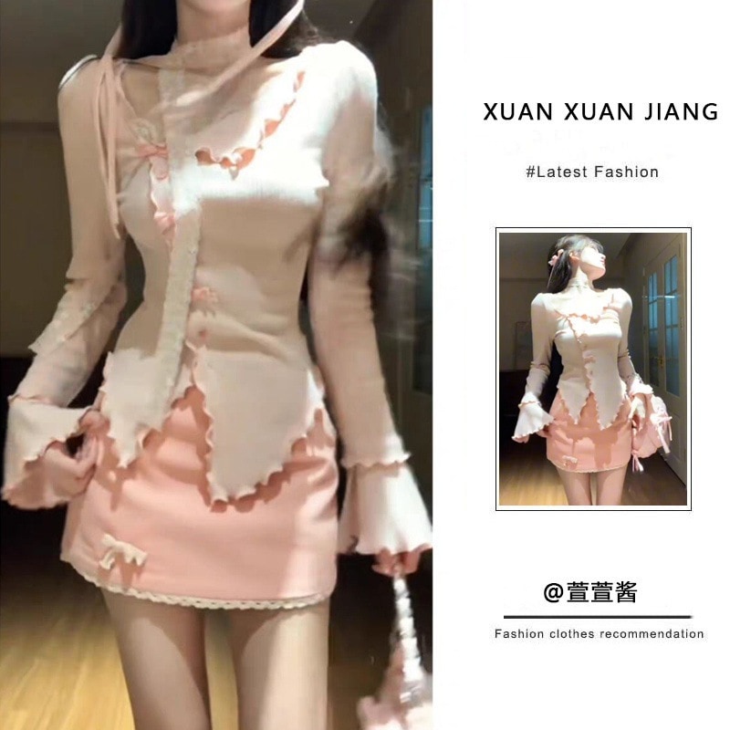 女性用スーツセクシーなスタイル不規則な長袖トップハイウエストスリムスカートツーピーススーツ