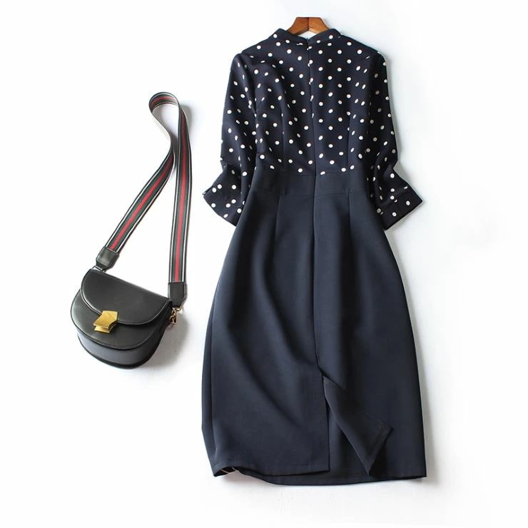 ドットウエスト切替長袖ミディ丈ワンピース ワンピース 結婚式 ドレス 結婚式 二次会 入園式 卒業式 大人 上品 入学式 OL レディース 春 夏 秋 冬