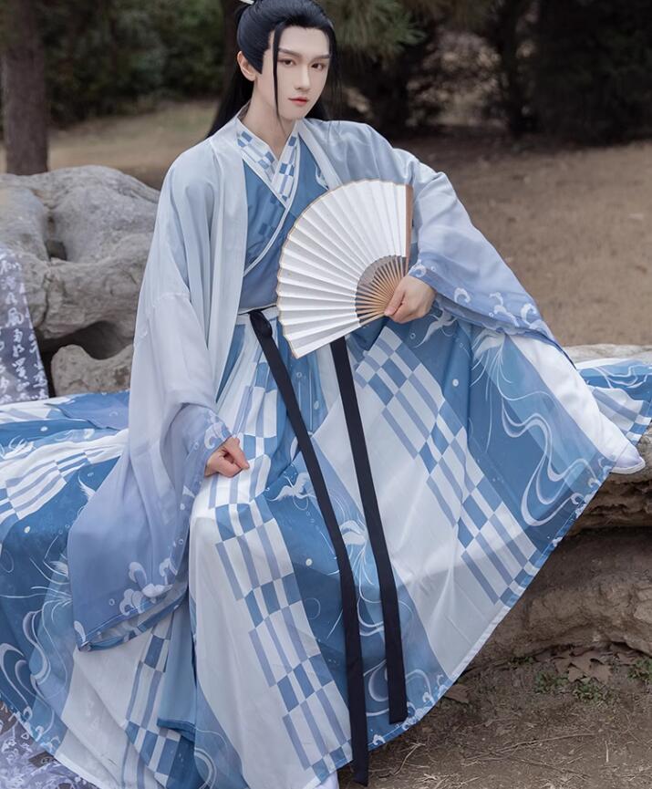 中華コスプレ衣装 メンズ 漢服 グラデーション 青系 中華服 チャイナ服 豪華4点セット 振袖 交差襟 中華衣装 男性 大人 唐時代 古代 昭和 時代劇 コスチューム中国古代服装 爽やか シフォン 飄 5,135円