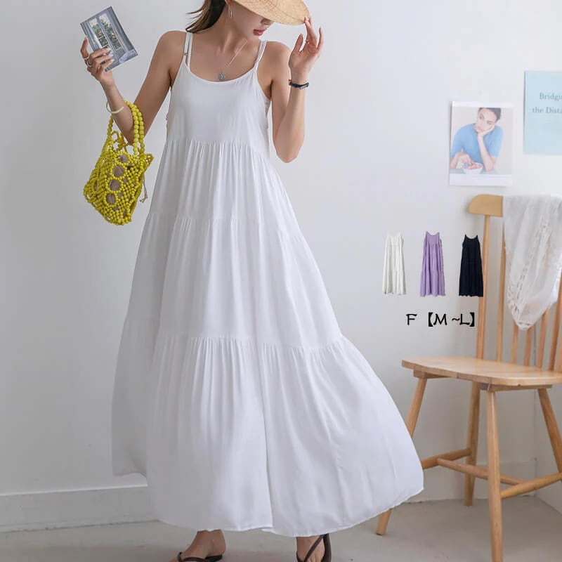 ノースリーブ夏ワンピース/ ビーチワンピース マキシワンピ 春ワンピース マキシ丈ワンピース フレア シャーリング　ロング丈 カラー プチプラ 黒 白 ブラック ホワイト ストラップ ノースリーブ　五