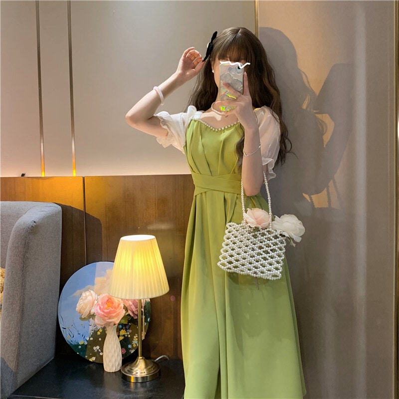 パフスリーブワンピース ワンピース フレアワンピース ワンピドレス 膝丈 ひざ丈 袖あり 半袖 パフスリーブ スクエアネック フレア Aライン ウエストマーク ウエストリボン バックリボン