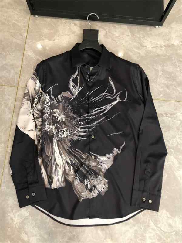 シャツ メンズ カジュアル 春秋 長袖 トップス イーグル柄 ポインテッドカラー スリムフィット プリント ブラック ホワイト