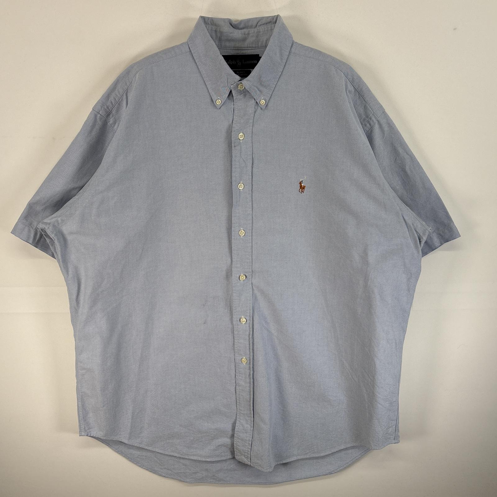 古着 半袖シャツ ボタンダウンシャツ ロゴ 刺繍 オックスフォードシャツ XXL 水色系 無地 メンズ