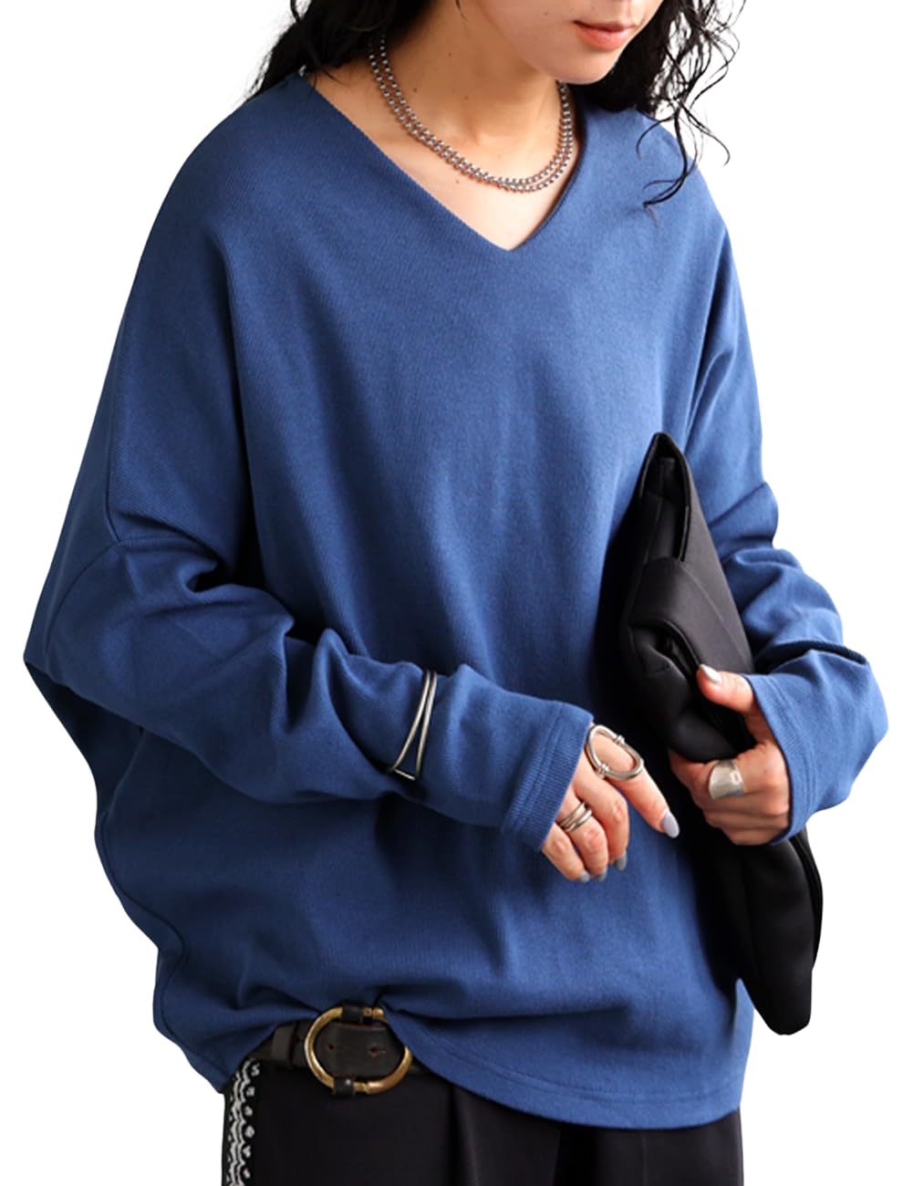 [antiqua] [アンティカ] Tシャツ シュッと美トップス ロンT レディース 長袖 Vネック ドルマン NA-00476 Onesize 32 ブルー