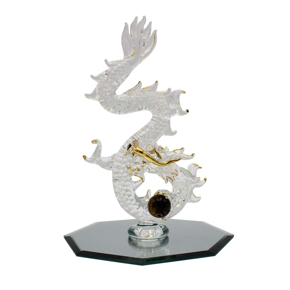 金運降臨龍 ガラス細工 20cm タイガーアイ丸玉付き 八角鏡台座