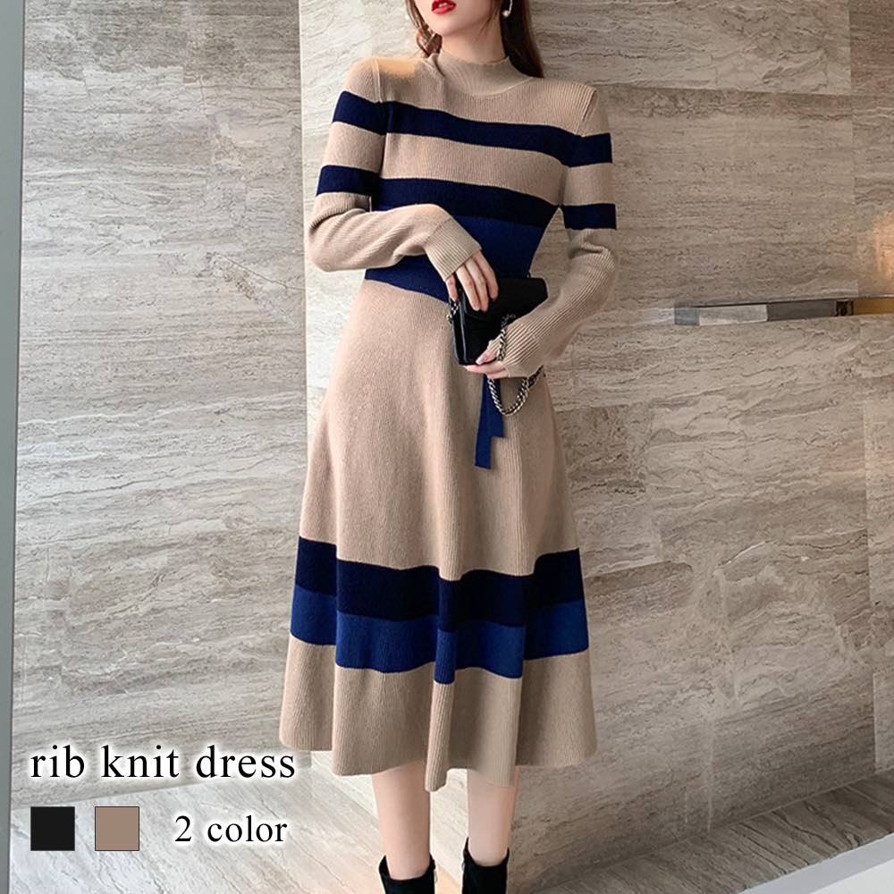 ワンピース レディース リブニットワンピース かわいい トップス アウトドア ネック 厚手 40代 体感 人気 しっかり 韓国 カジュアル Aライン 安い 大きいサイズ 長袖 スカート 大人 黒 春
