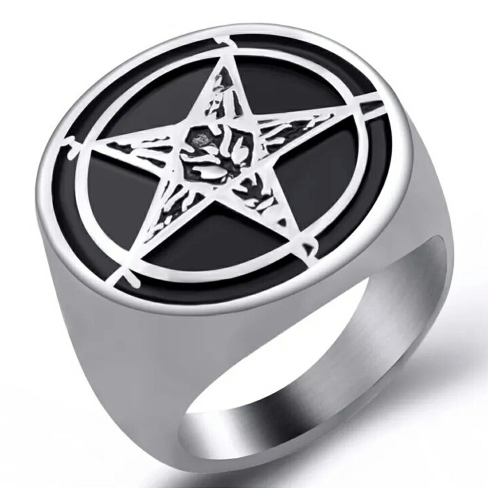 バフォメットゴートサタンスターステンレスリング（ORO052）指輪 31号 悪魔 ヤギ 山羊 星 黒色 デビル 大きい かっこいい 印台型 プレゼント 男性 彼氏 父の日 r0704xxxxxxxx