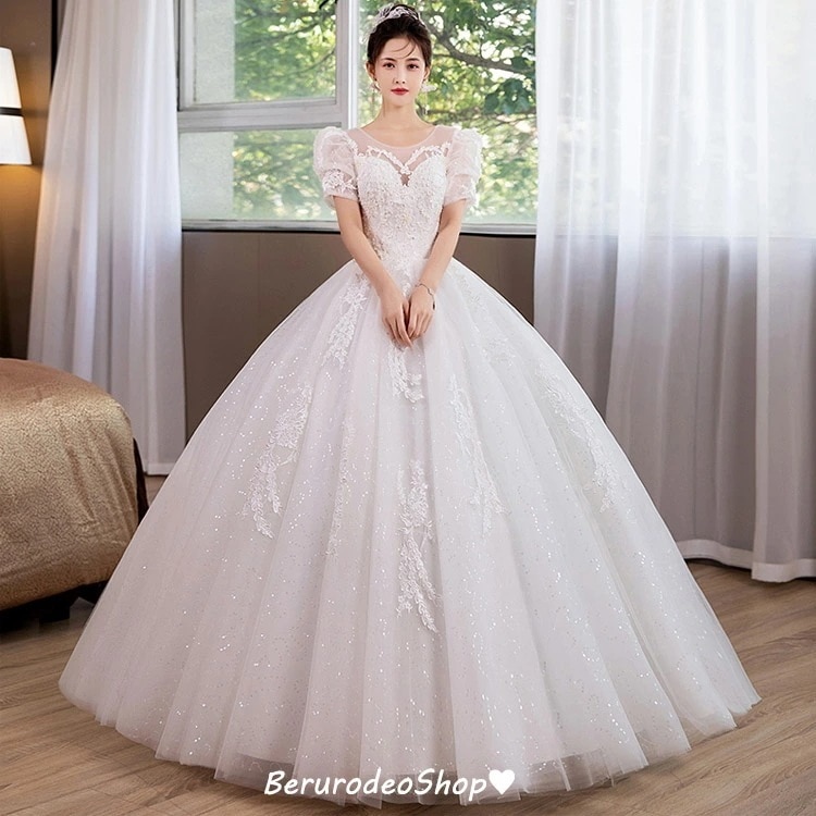 激安 ウェディングドレス 袖あり パフスリーブ 花嫁ドレス プリンセス Aライン ロングドレス 白 ブライダルドレス レース 可愛い 結婚式ドレス 二次会ドレス ウェディング ホワイトドレス 海外挙式