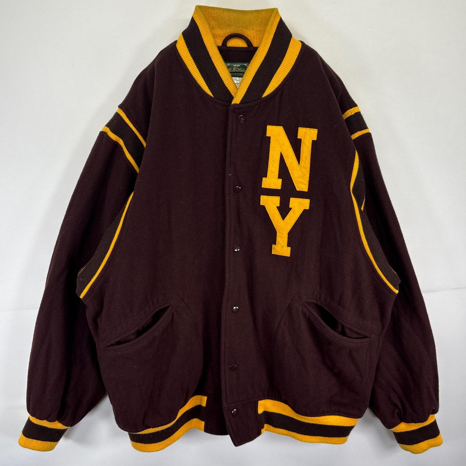 古着 STALL & DEAN スタジャン アワードジャケット 大きいサイズ バックロゴ NYワッペン 4XL ブラウン メンズ