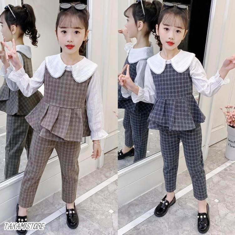 【急速出荷!】【制服標準装備】子供服 女の子 フォーマル セットアップ チェック柄 ベスト 3点セット パンツスーツ キッズ ジュニア ブラウス 長袖 卒業式 入園式 結婚式 発表会