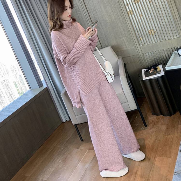 トップス ボトムス パンツ セットアップ セーター プルオーバー ズボン ワイドパンツ ストレートパンツ 袖あり 長袖 ドロップショルダー タートルネック ワイド 伸縮性 厚手 かわいい