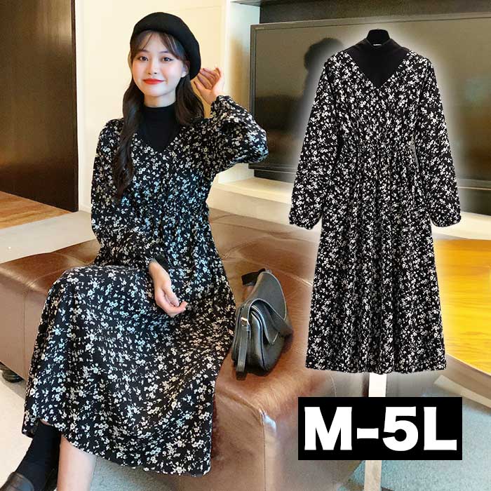 ハイネック重ね着風 大きいサイズ レディース ワンピース 花柄 モノトーン ドッキング 膝下 膝丈 ミディアムワンピース ミモレ丈 ロングワンピース フレアワンピース 長袖 大人可愛い 上品 春