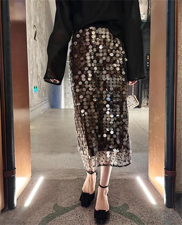 早い者勝ち スパンコール スカート ストレート スリム スプリット ロングスカート 上品映え 気質 ギャザリング 洗練された レディース