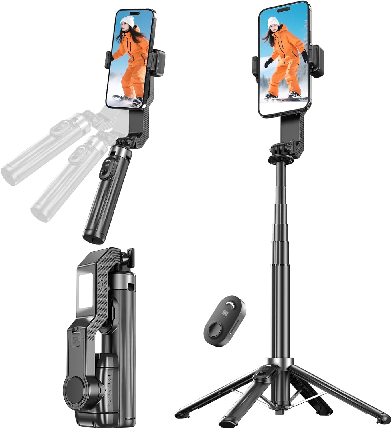 Seeshopo ジンバル自撮り棒 手ブレ防止スタビライザー スマホ三脚225年新登場・LEDライト付き・Bluetoothリモコン付き スマホジンバル 四脚安定モデル 片手持ち単軸スタビライザー 自