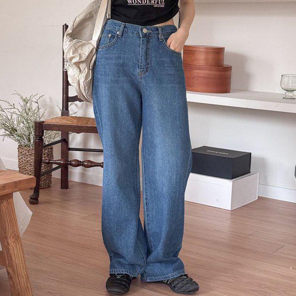 Hスタイル(MIZ)1496ヒップにルーズなセミワイドバンディングパンツ 秋 女性 バンディングパンツ デニムパンツ ジーンズ ワイド