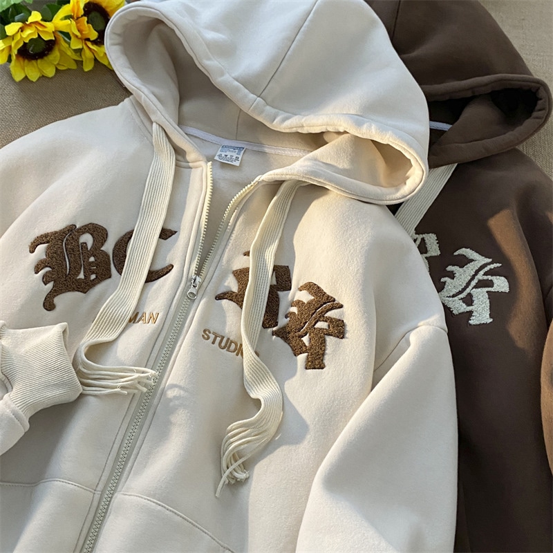 アメリカンレトロカーディガンセーターメンズ春秋潮刺繍ハイストリートジップフード付きジャケット