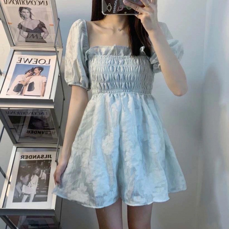 【1つ買うと10つ無料】バブルスリーブドレスレディースの小さな夏のスカート甘い甘いスウィートアンドエージング肩プリンセスフリントスカート