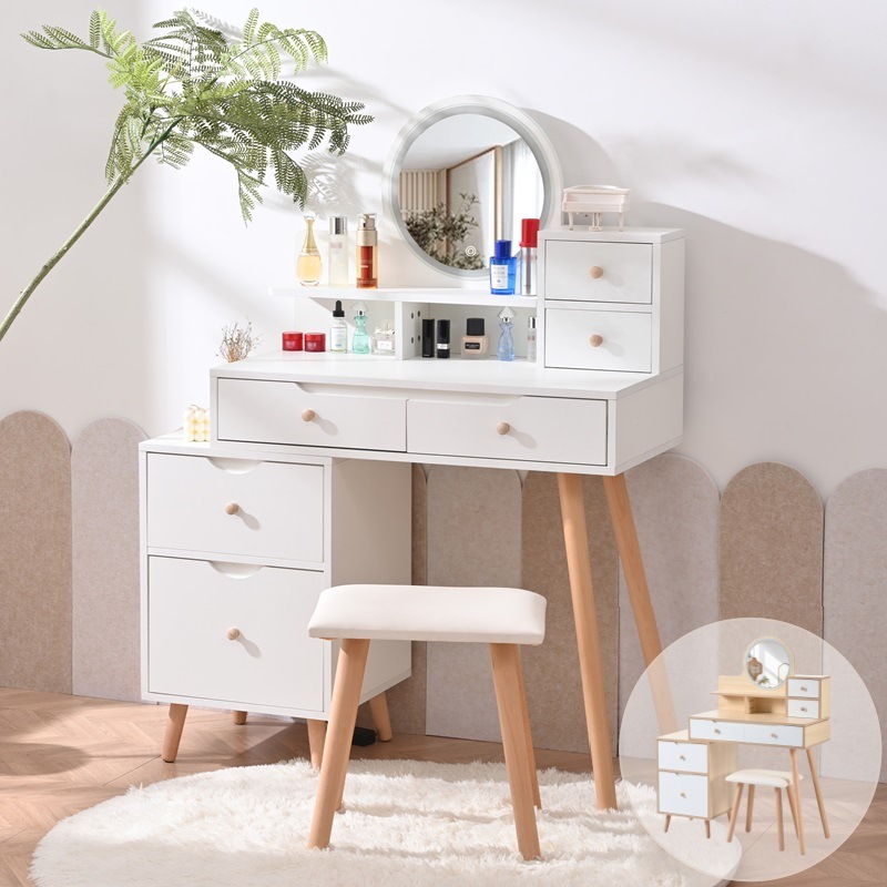 ドレッサー コンパクト 化粧台 テーブル 鏡台 LEDライト 大容量 収納 スツール付き 引き出し ミラー付き サイド収納 メイク台 シンプル 木製 ホワイト かわいい 北欧風