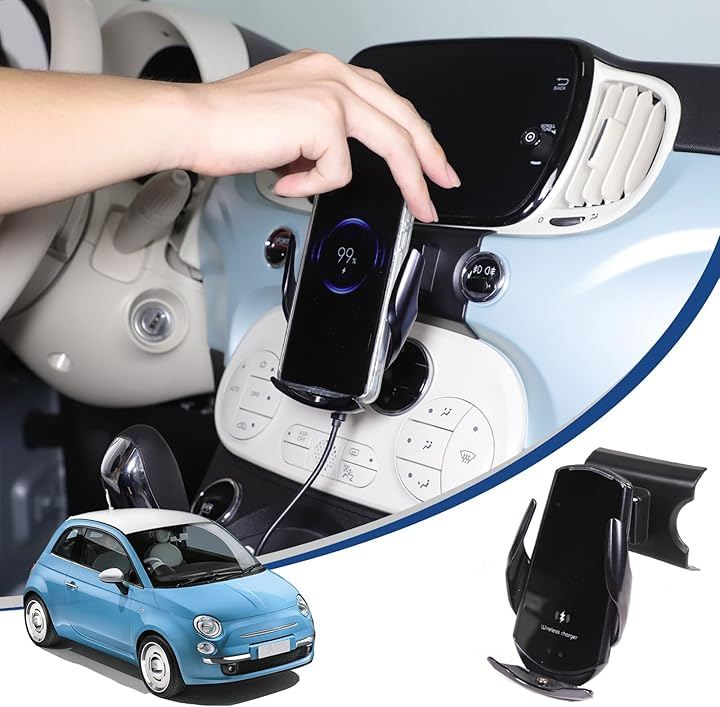 新型 フィアット 500 アバルト595 695 専用 2007～2025に適用 スマホホルダー 車載ホルダー ワイヤレス充電器 スマホスタンド 携帯 スイッチ ABS製 (ブラック)