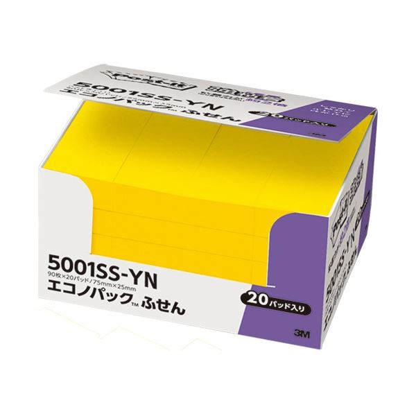 (まとめ) 3M ポスト・イット エコノパック 強粘着ふせん 75×25mm ビビットイエロー 5001SS-YN 1パック(20冊) (×5セット)
