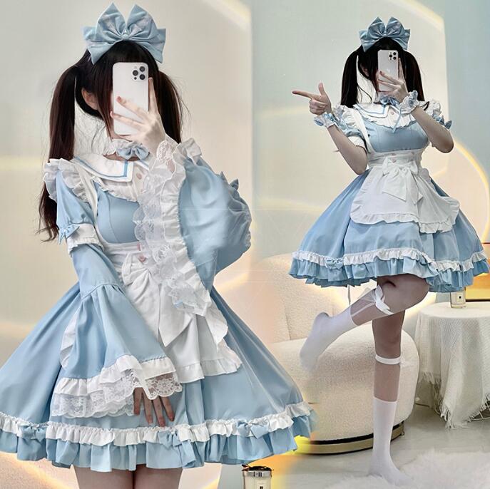 メイド服 7点セット 袖取り外し可 長袖/半袖 2way メイドロリータ ワンピース メイド喫茶 cosplay メイド cos 可愛い ロリータワンピース ハロウィン コスチューム 文化祭 学園祭