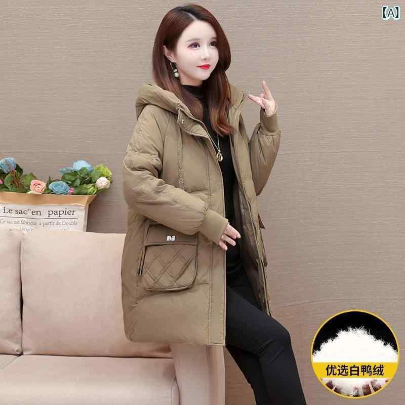 レディース ダウンジャケット 冬 ミドル丈 快適 ダウン ジャケット フード 暖かい ホワイトダックダウン