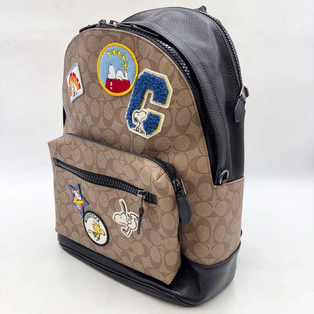 【中古】コーチ PEANUTS コラボ リュック スヌーピー COACH シグネチャー キャンバス ワッペン ぺブルレザー ピーナッツ