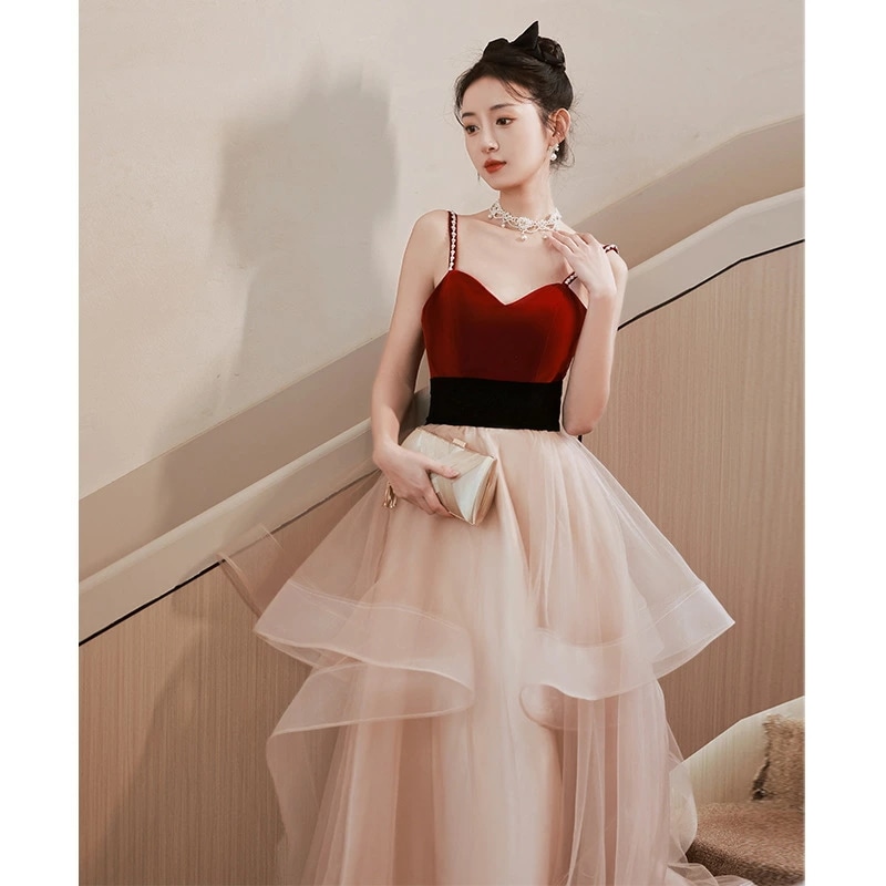 ゲストドレス ワイン赤 結婚式ドレス 二次会ドレス キャミドレス ロング ビーズ パール 可愛い ロングドレス 結婚式 二次会 ベロア ベルベット ノースリーブ フレア フリル パーティードレス XS