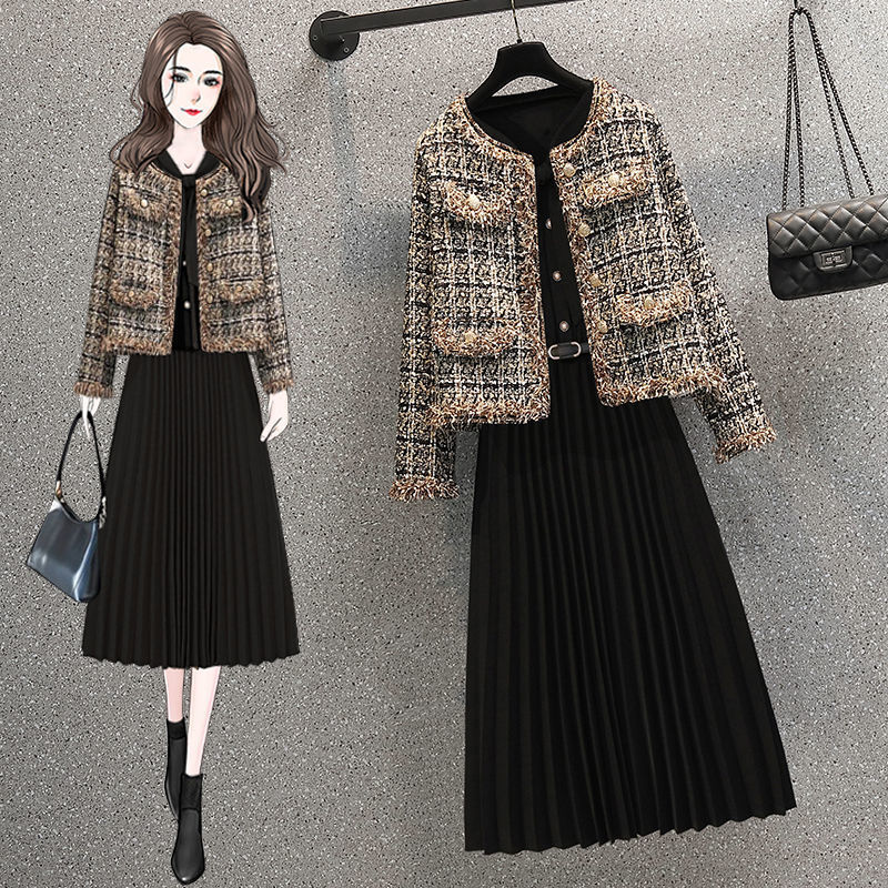 ハイエンドのカスタマイズ-女性のための秋のスーツ 2025 新しい大きいサイズの女性の小さな香りジャケットフェミニンな気質スリムドレス 2 点セット