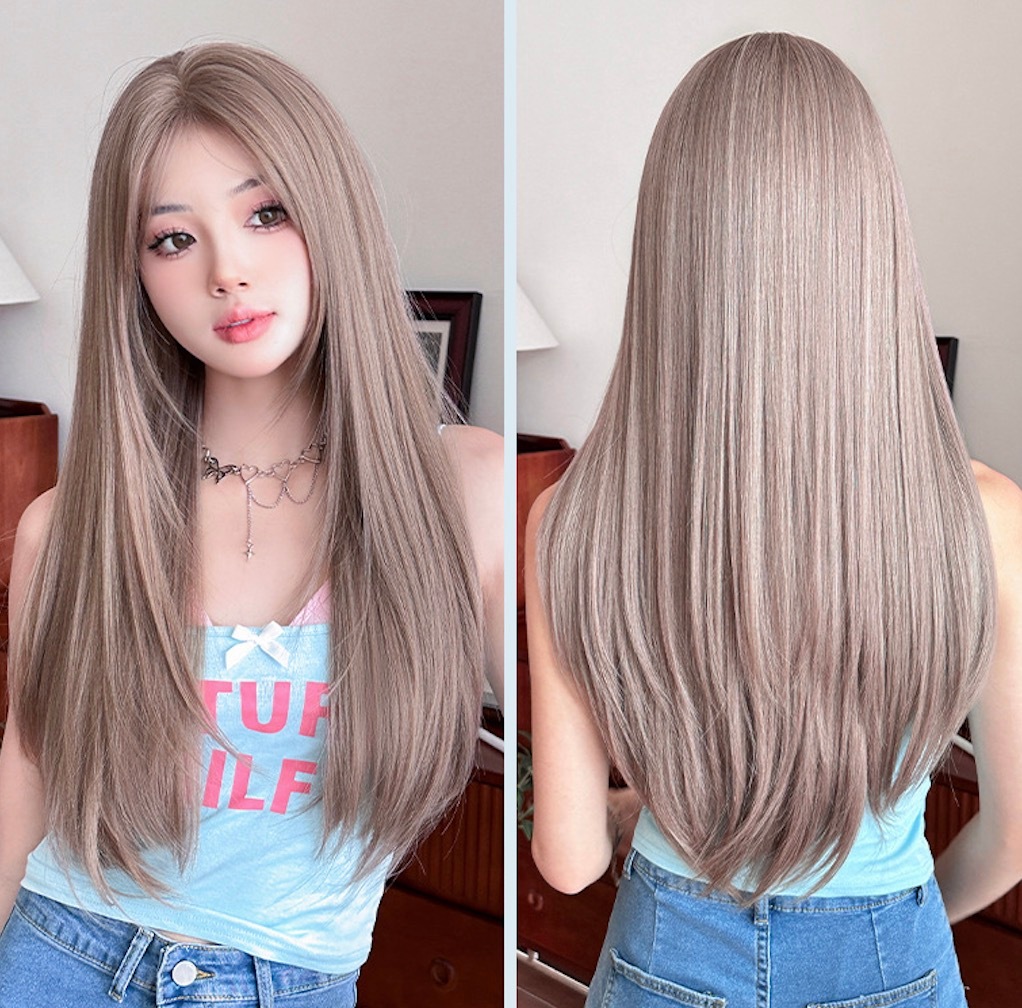 レディース ロングストレートウィッグ 72cm 薄藤ピンクパープル 中分 高温耐熱 フルウィッグ 自然軽量 通気性 おしゃれ