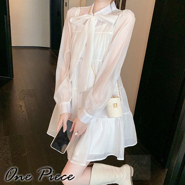 ミニワンピース ホワイトワンピース ワンピース リボンワンピ ミニ丈 ボリューム袖 透ける 長袖 ワンピ ワンピース 春夏 【メール便】 バレンタイン 2025 プレゼント