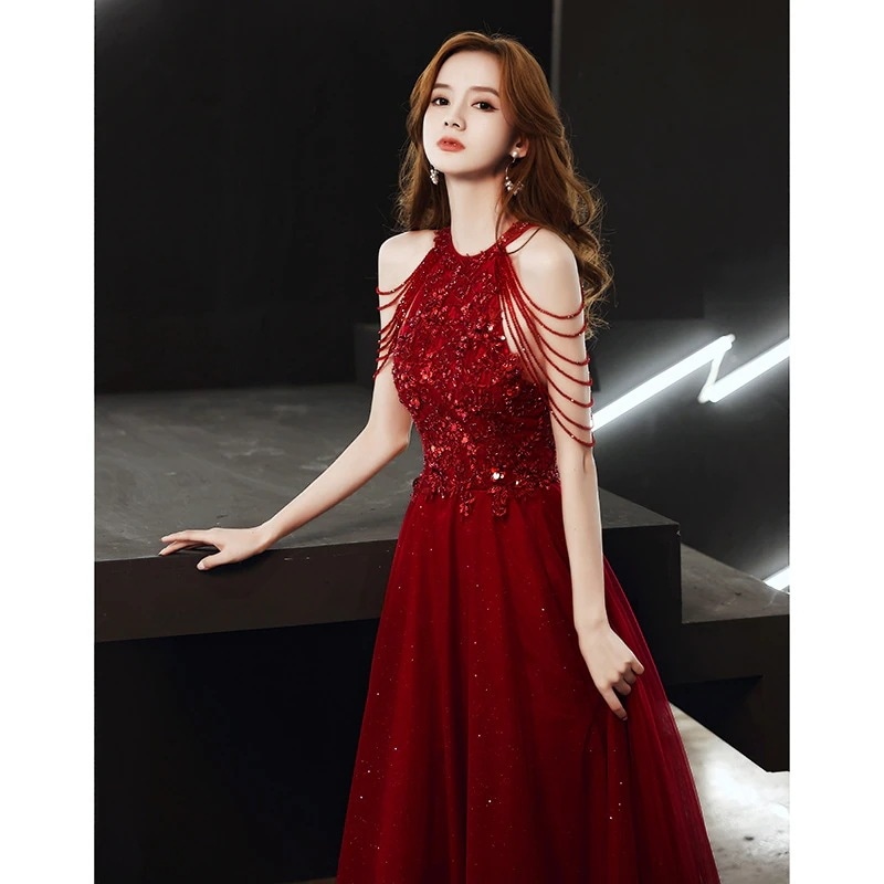 ウェア花嫁 2025 ウェディングワインレッドホルターセクシーハイエンドドレスレディース静脈スカート