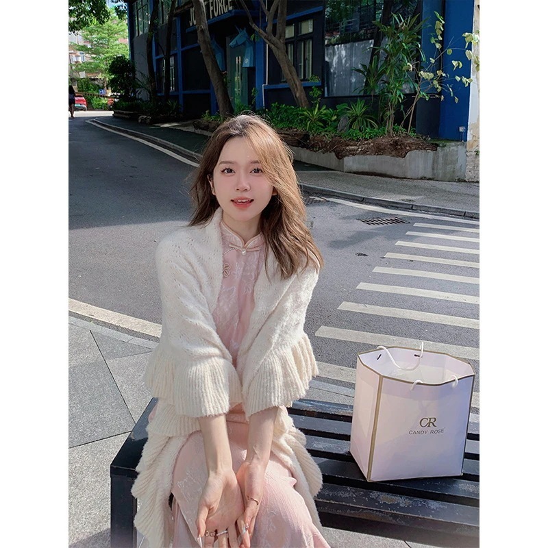 ワンピースドレスドレスレトロラージスリーブチョンサムヤングガールピンクジャキュードロングバージョンスタイル2025