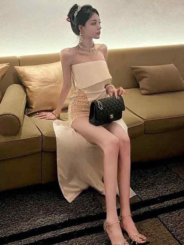 カクテルドレス レディース 軽量 ベアトップ オフショルダー ミニ ロング アシンメトリー スカート セクシー スリムフィット 誕生日 婚約 パーティー ホワイト