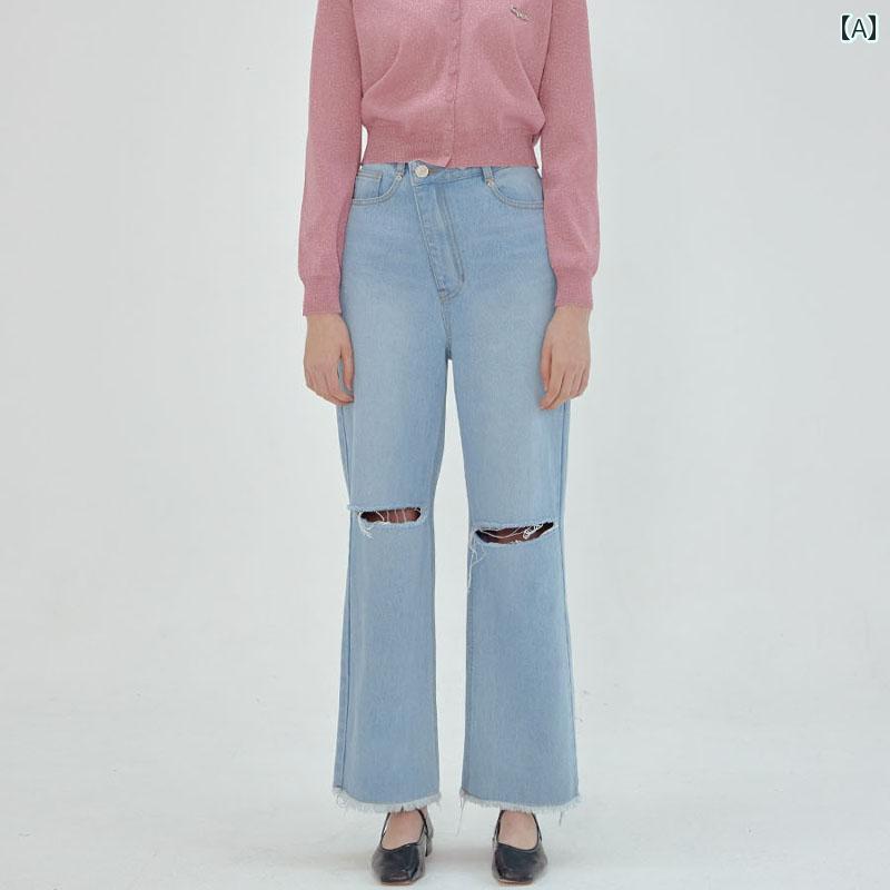 デニムパンツ レディース ダメージ ジーンズ クラッシュ ボトムス 春夏 ハイウエスト ストレート パンツ ウォッシュド カジュアル ブルー